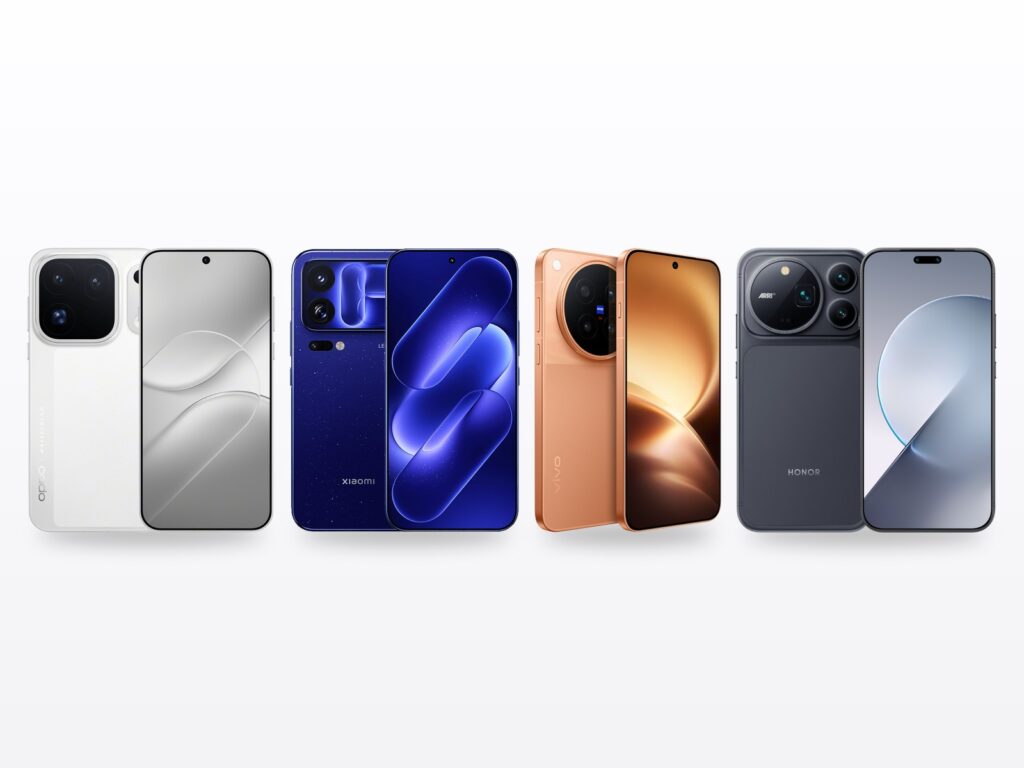 Montage des rendus officiels des quatre téléphones, vus de dos et de face : l’Oppo Find X10 Pro Max blanc, le Xiaomi 18 Pro Max bleu avec son écran arrière, le Vivo X500 Pro Max orange à grand module photo rond et le Honor Magic 9 Pro Max noir marqué ARRI