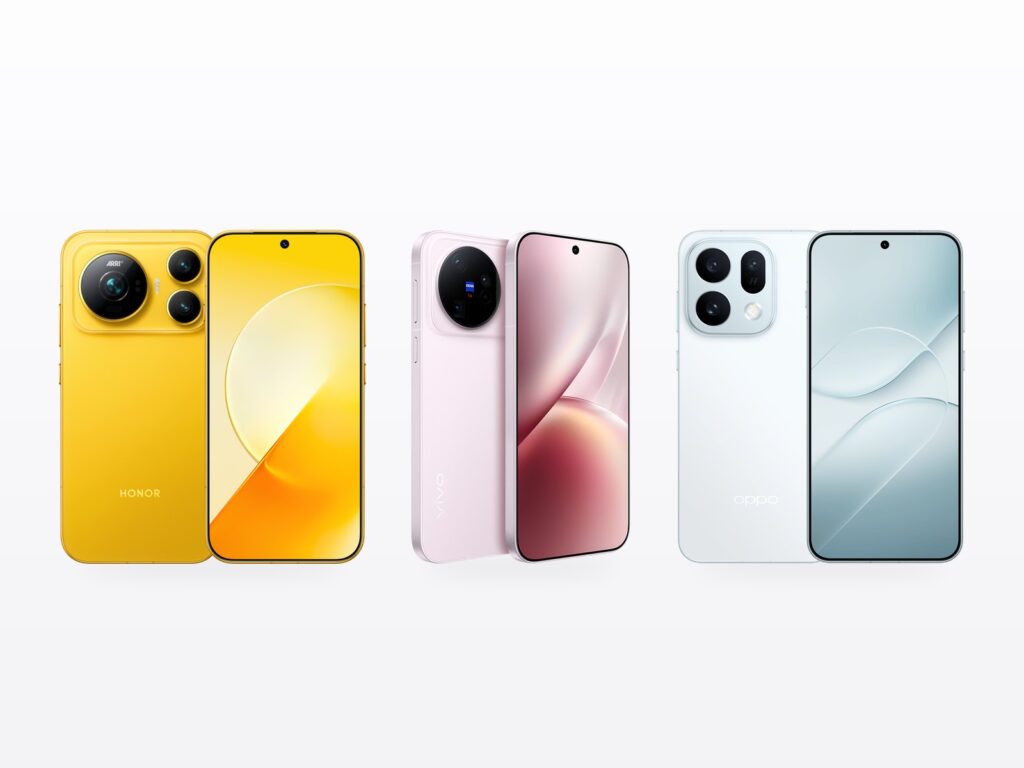 Montage des rendus officiels des trois téléphones, vus de dos et de face : le Honor Magic 9 jaune marqué ARRI, le Vivo X500 rose à module photo rond et l’Oppo Find X10E bleu glacier
