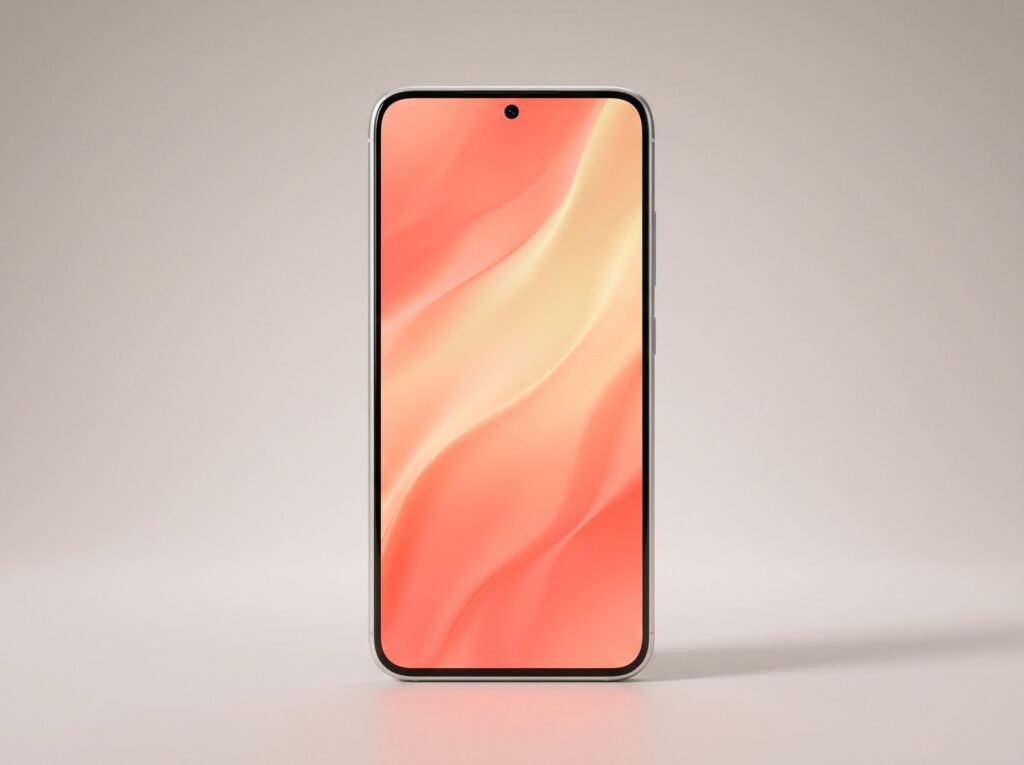 Illustration générée : smartphone vu de face, écran plat aux bordures fines et égales, angles arrondis, affichant un dégradé corail et doré