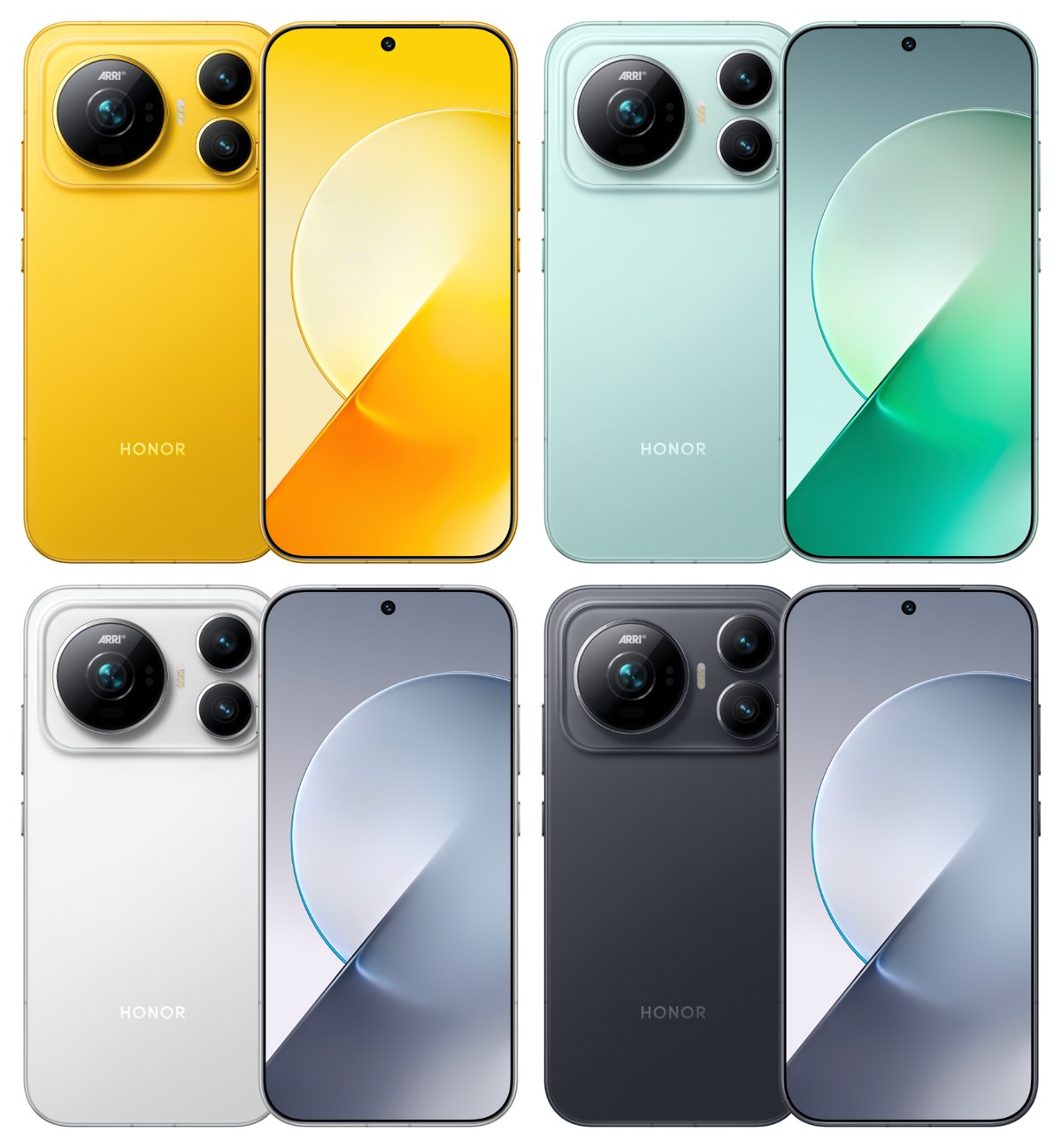 Les quatre coloris officiels du Honor Magic 9 — jaune, vert olive, blanc et noir — vus de dos et de face, avec l’îlot photo circulaire signé ARRI en haut à gauche
