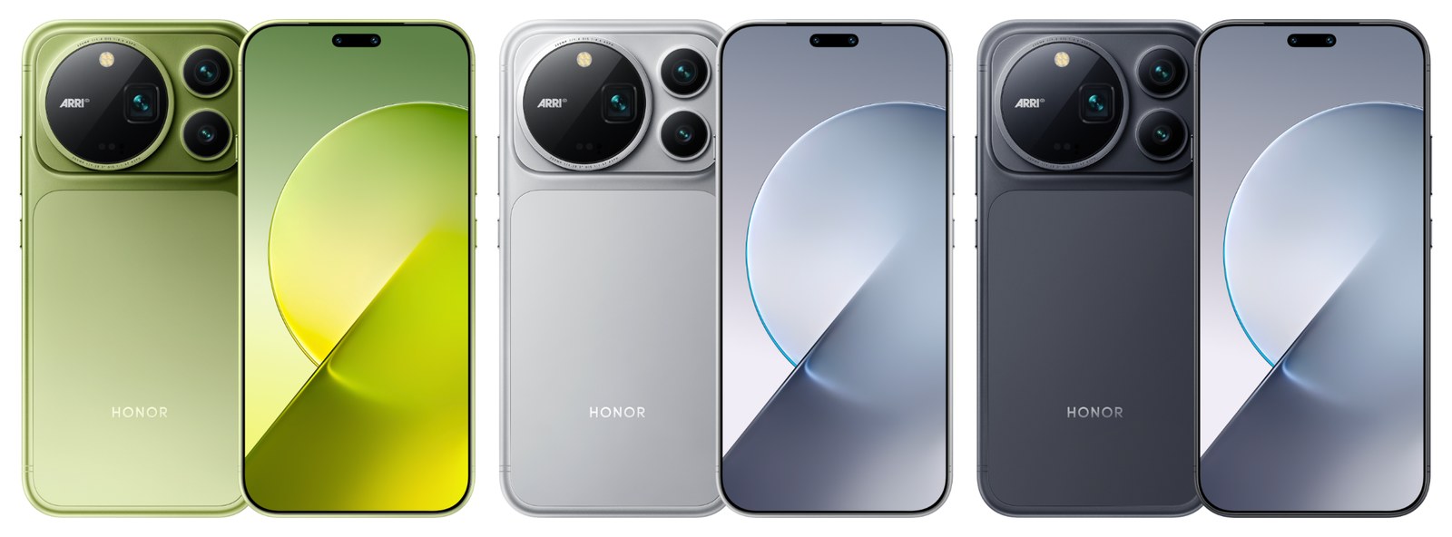 Les trois coloris officiels du Honor Magic 9 Pro Max — vert mousse, argent et noir ombre — vus de dos et de face, avec le grand cercle photo ARRI et ses deux objectifs superposés