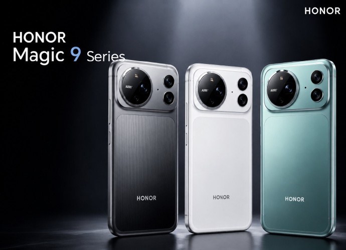 Visuel officiel Honor de la série Magic 9 : les trois modèles vus de dos, en noir, blanc et vert