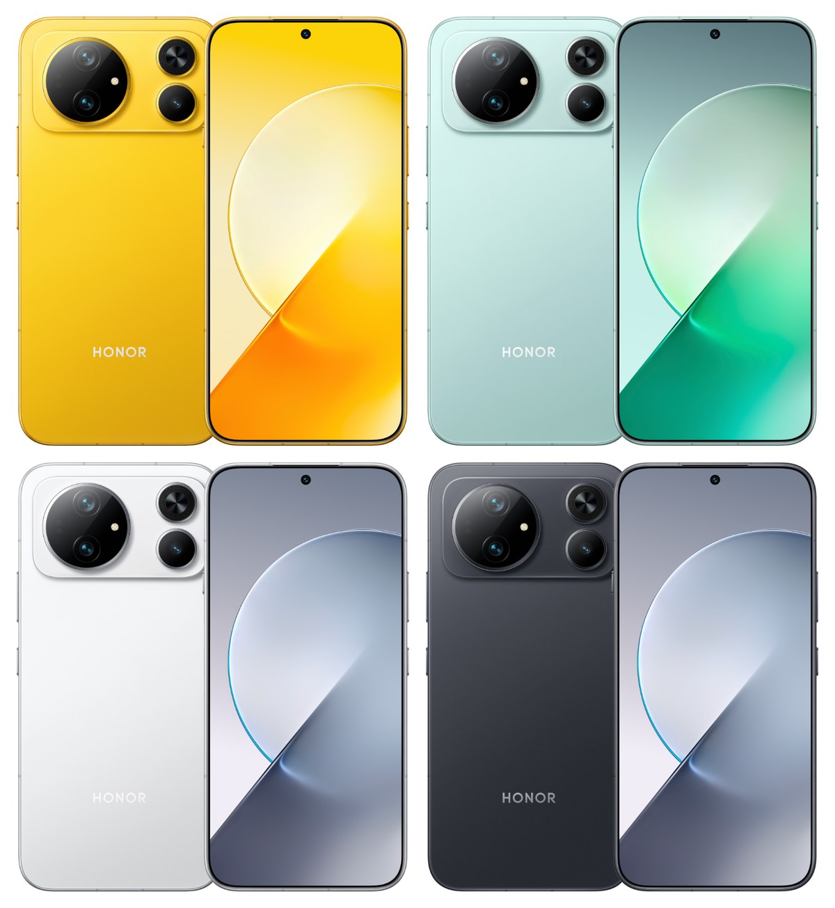Les quatre coloris officiels du Honor Magic 9 Super Edition — jaune, vert olive, blanc et noir — vus de dos et de face, avec le plateau photo à grand cercle et deux modules ronds