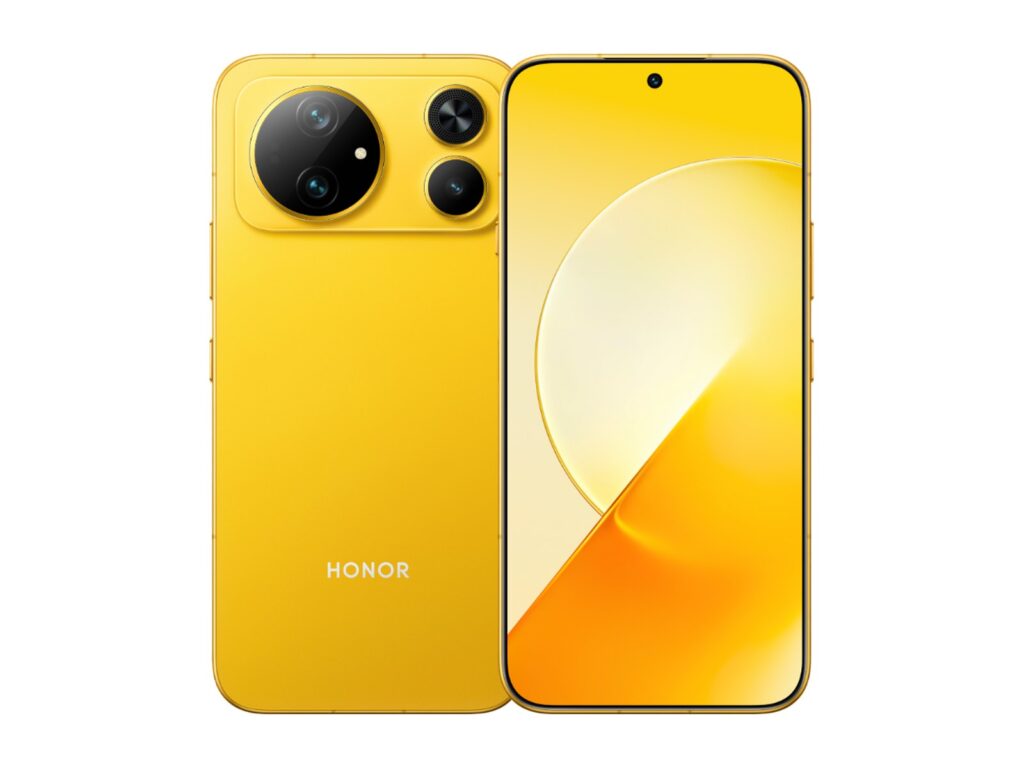 Rendu officiel du Honor Magic 9 Super Edition en jaune, vu de dos avec son plateau photo, un grand cercle et deux modules ronds, et de face avec son écran plat