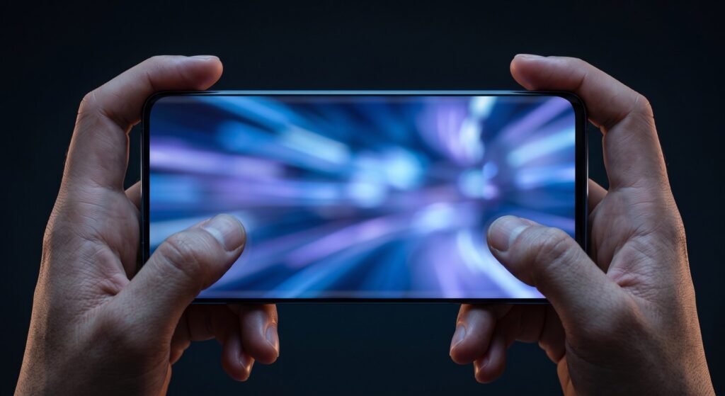 Smartphone tenu en paysage à deux mains, écran allumé montrant des traînées de lumière bleues et violettes floues, sur fond sombre