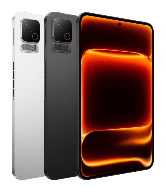 Rendu officiel des deux coloris de l’iQOO Pad Ultra de trois quarts : argent et noir, avec le module photo carré dans le coin supérieur