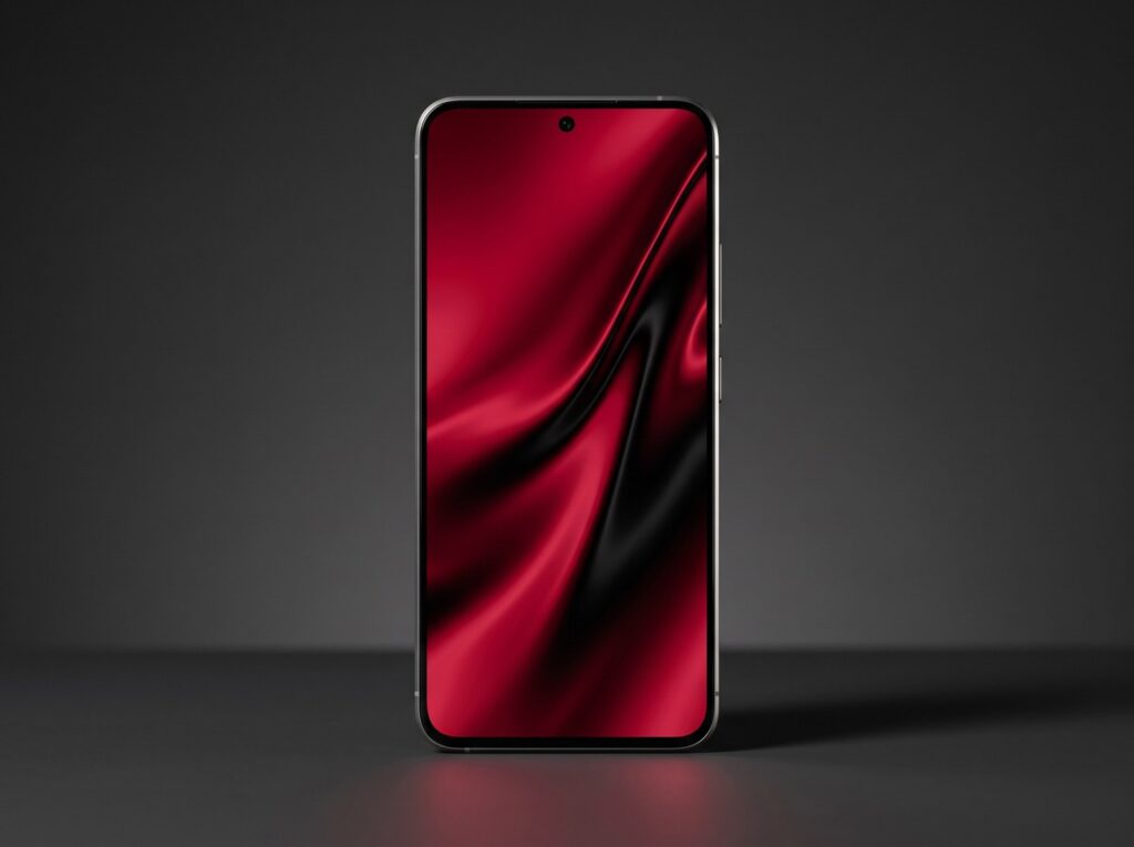 Illustration générée : smartphone vu de face, écran plat aux bordures très fines et égales, affichant un drapé rouge et noir, sur fond gris anthracite