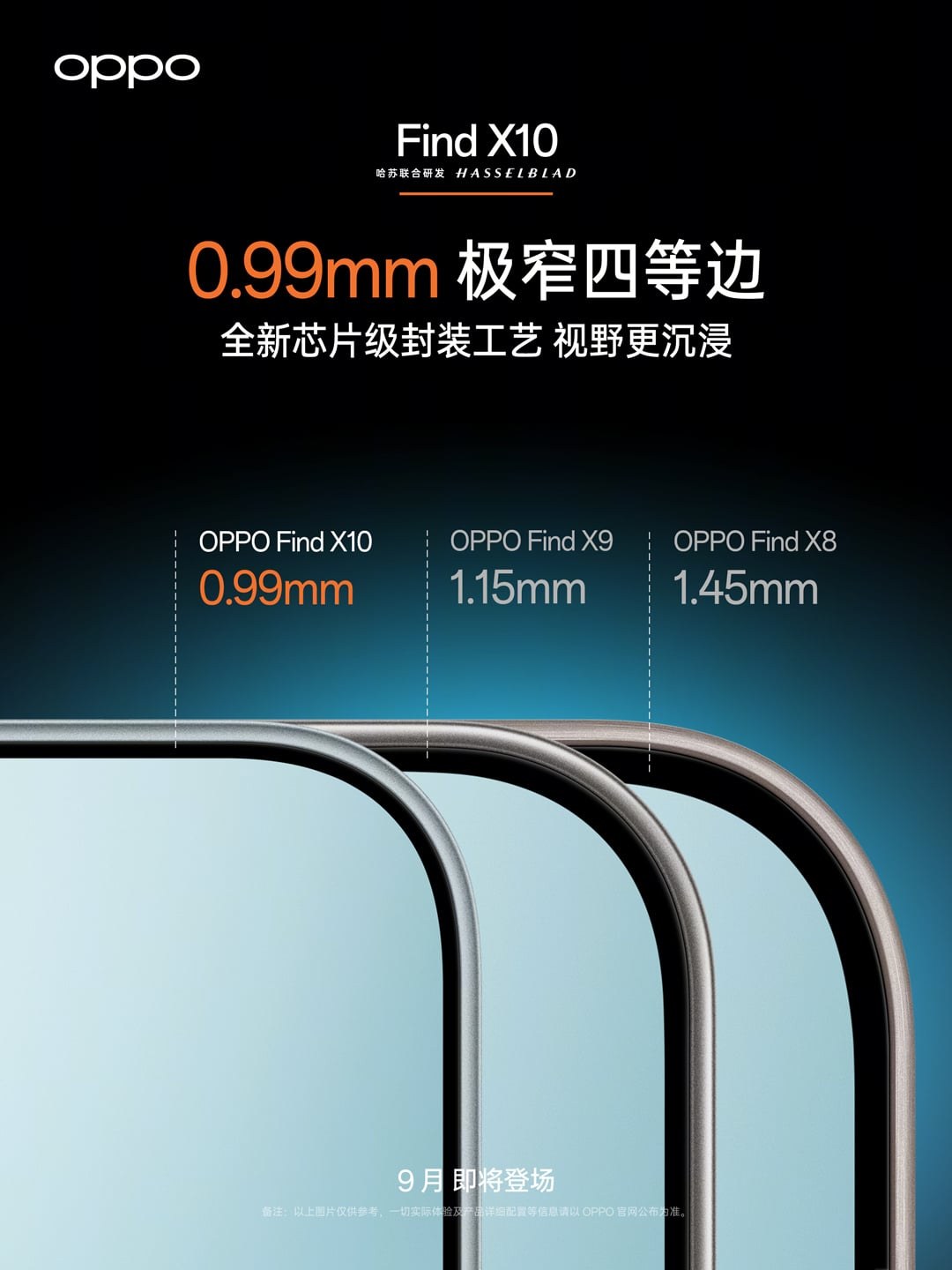 Affiche officielle Oppo comparant l'épaisseur des bordures d'écran : 0,99 mm sur le Find X10, 1,15 mm sur le Find X9 et 1,45 mm sur le Find X8