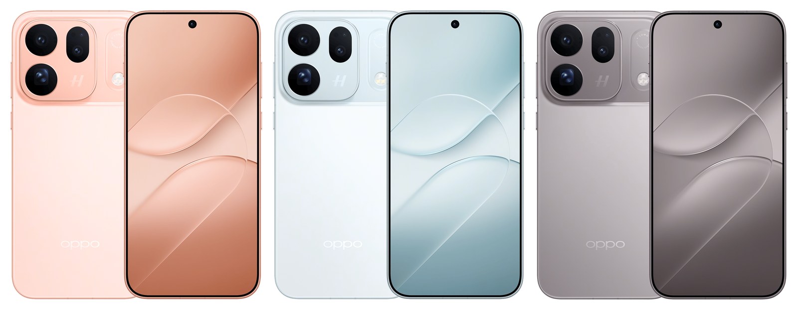 Les trois coloris officiels de l'Oppo Find X10 — orange pâle Qingcheng, bleu glacier et titane clair — vus de dos et de face, avec le bandeau photo en haut du dos