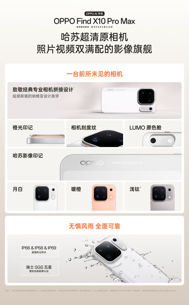 Affiche officielle d’Oppo pour le Find X10 Pro Max : le bloc photo inspiré des appareils Hasselblad, ses détails (liseré orange, bague crantée, capsule LUMO), les trois coloris blanc lunaire, orange chaud et titane clair, et la certification IP66, IP68 et IP69