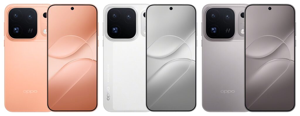 Les trois coloris officiels de l'Oppo Find X10 Pro Max — orange chaud, blanc lunaire et titane clair — vus de dos et de face, avec le carré photo à trois objectifs