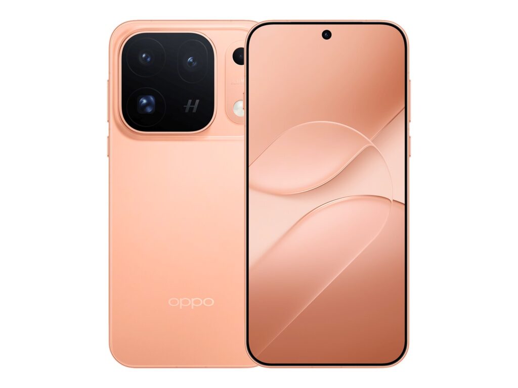 Rendu officiel de l’Oppo Find X10 Pro Max en orange chaud, vu de dos avec son grand carré photo à trois objectifs et le monogramme Hasselblad, et de face avec son écran plat