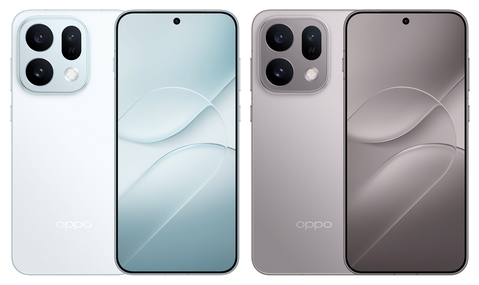 Les deux coloris officiels de l'Oppo Find X10E — bleu glacier et titane clair — vus de dos et de face, avec le module photo carré à trois objectifs