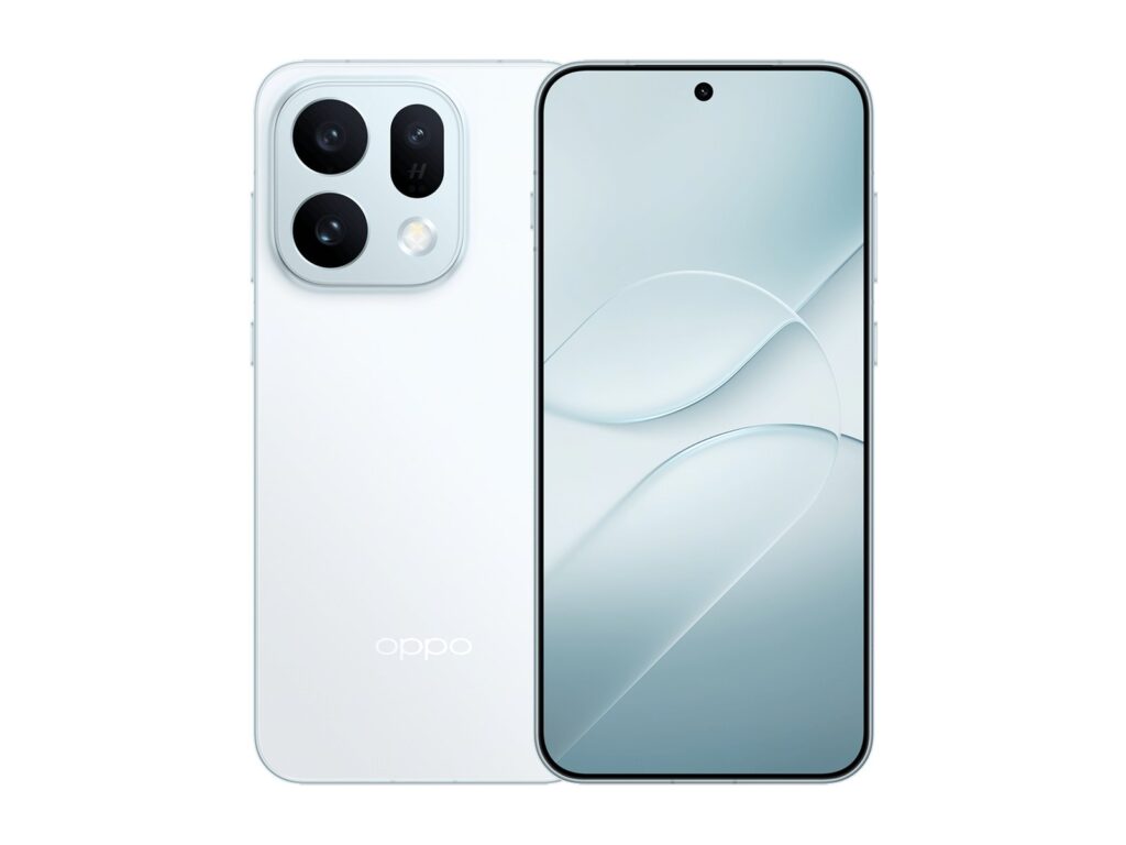 Rendu officiel de l'Oppo Find X10E en bleu glacier, vu de dos avec son module photo carré à trois objectifs et de face avec son écran plat