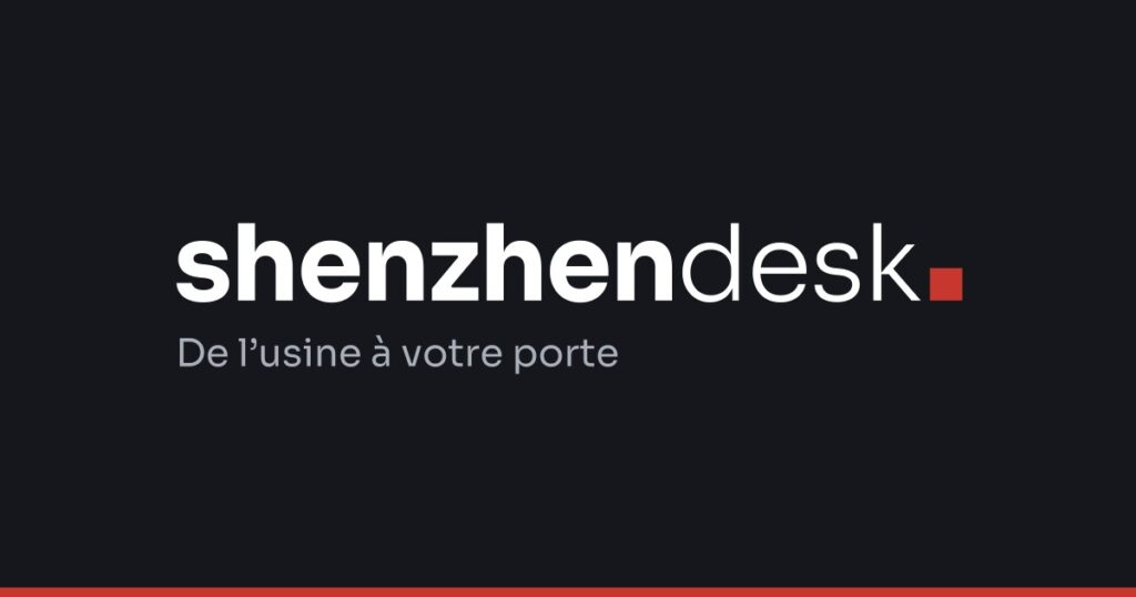 Logo de Shenzhen Desk en blanc sur fond noir, avec la mention « De l’usine à votre porte »