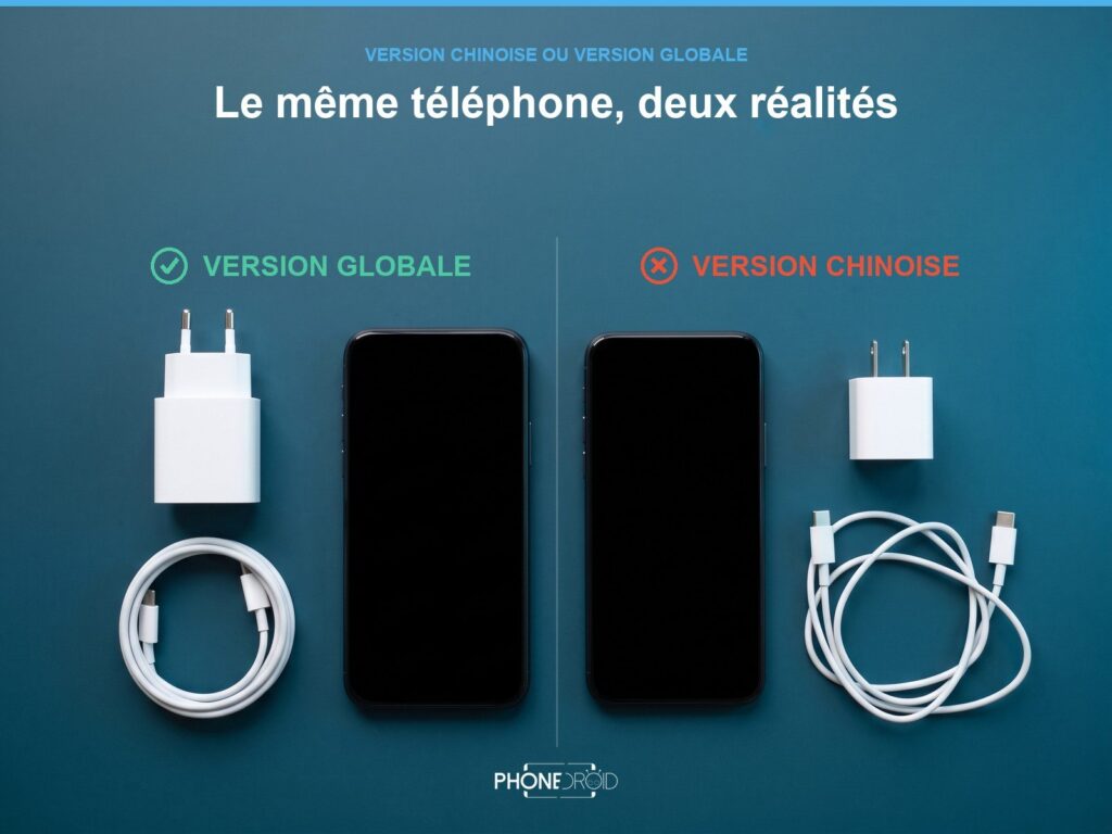 Illustration générée : deux smartphones identiques posés côte à côte sur fond bleu, séparés par un trait vertical ; à gauche un chargeur à broches rondes et un câble lové, à droite un chargeur à broches plates et un câble emmêlé