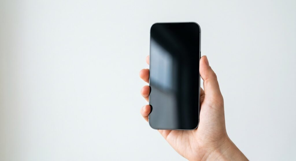 Smartphone compact tenu d’une main, vu de face, écran éteint reflétant une fenêtre, sur fond clair