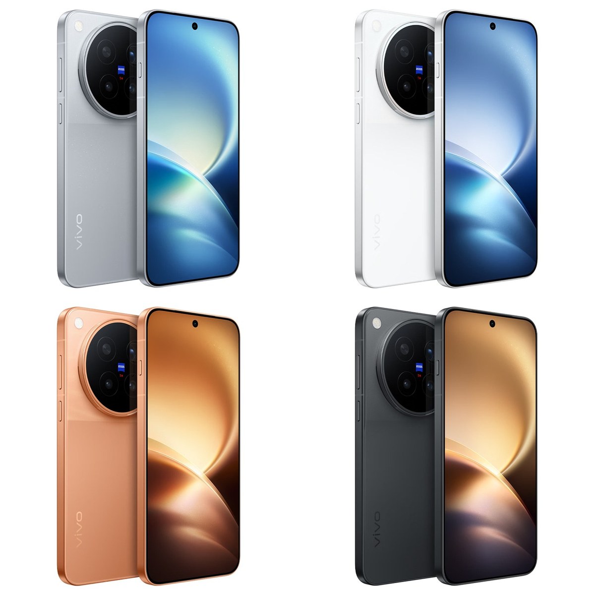 Les quatre coloris officiels du Vivo X500 Pro Max — gris, blanc, orange et noir — vus de dos et de face ; le bouton supplémentaire est visible sur la tranche gauche
