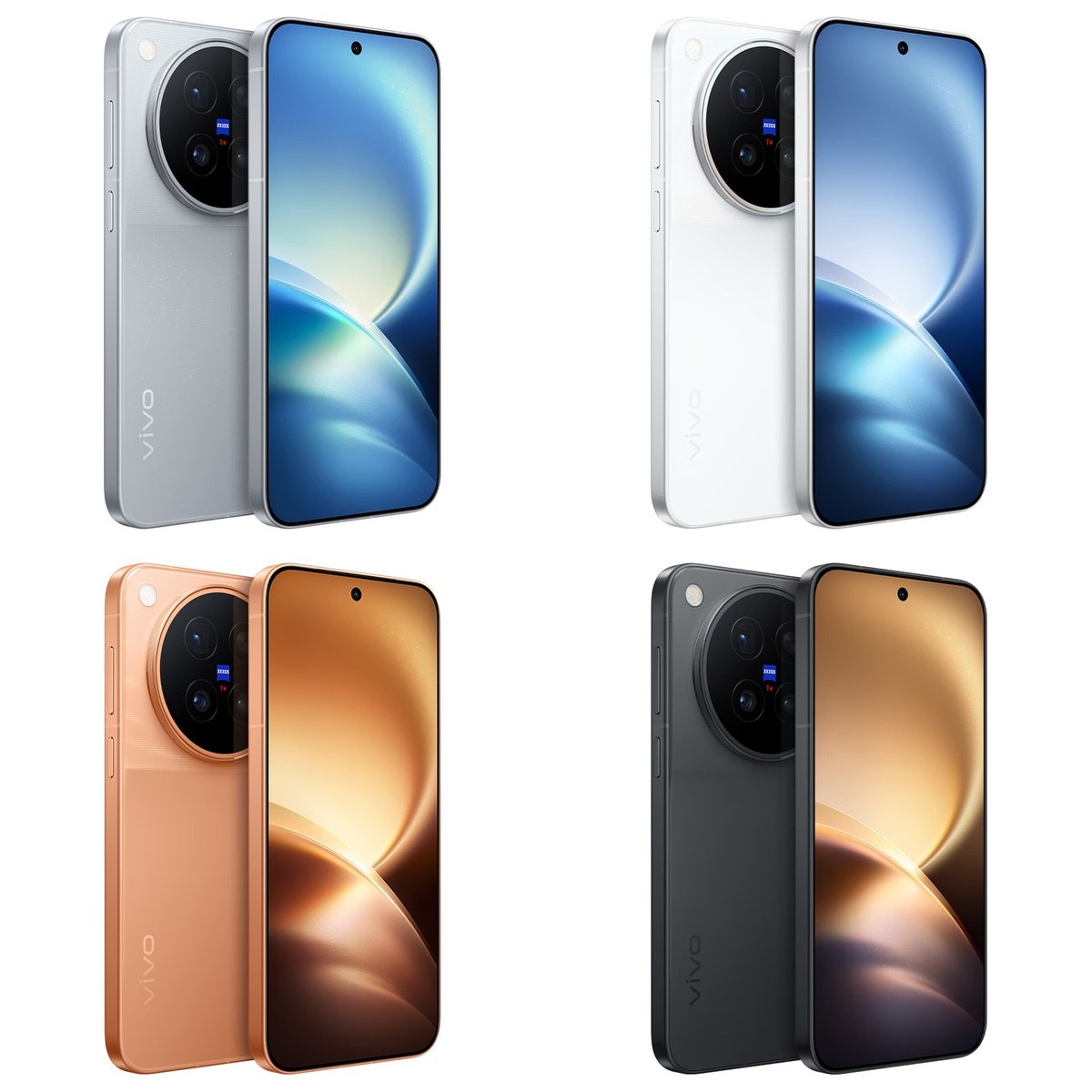 Les quatre coloris officiels du Vivo X500 Pro — gris, blanc, orange et noir — vus de dos et de face, avec le grand module photo circulaire centré