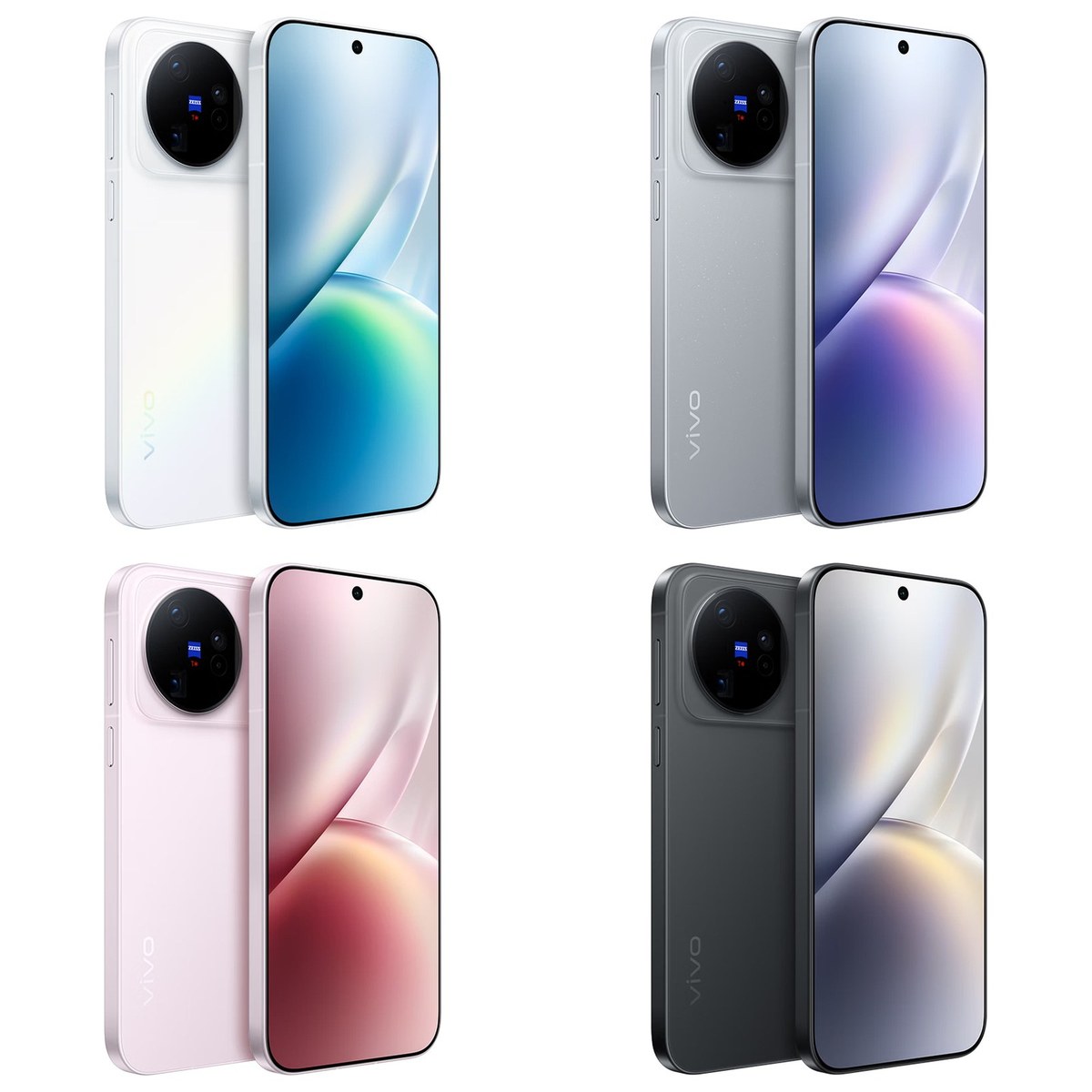 Les quatre coloris officiels du Vivo X500 — blanc, gris, rose et noir — vus de dos et de face, avec l'îlot photo circulaire logé dans un plateau carré en haut à gauche