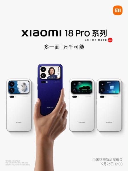 Affiche officielle de la série Xiaomi 18 Pro : quatre téléphones blancs et un bleu tenu en main, vus de dos, chacun avec un écran arrière allumé dans son module photo Leica, et la date du 23 septembre à 19 h