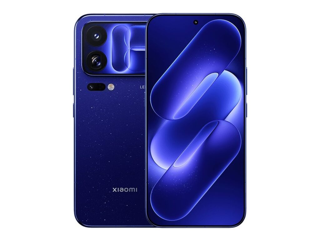 Rendu officiel du Xiaomi 18 Pro Max bleu galaxie, vu de dos avec son module photo Leica et son écran arrière allumé, et de face avec son écran plat