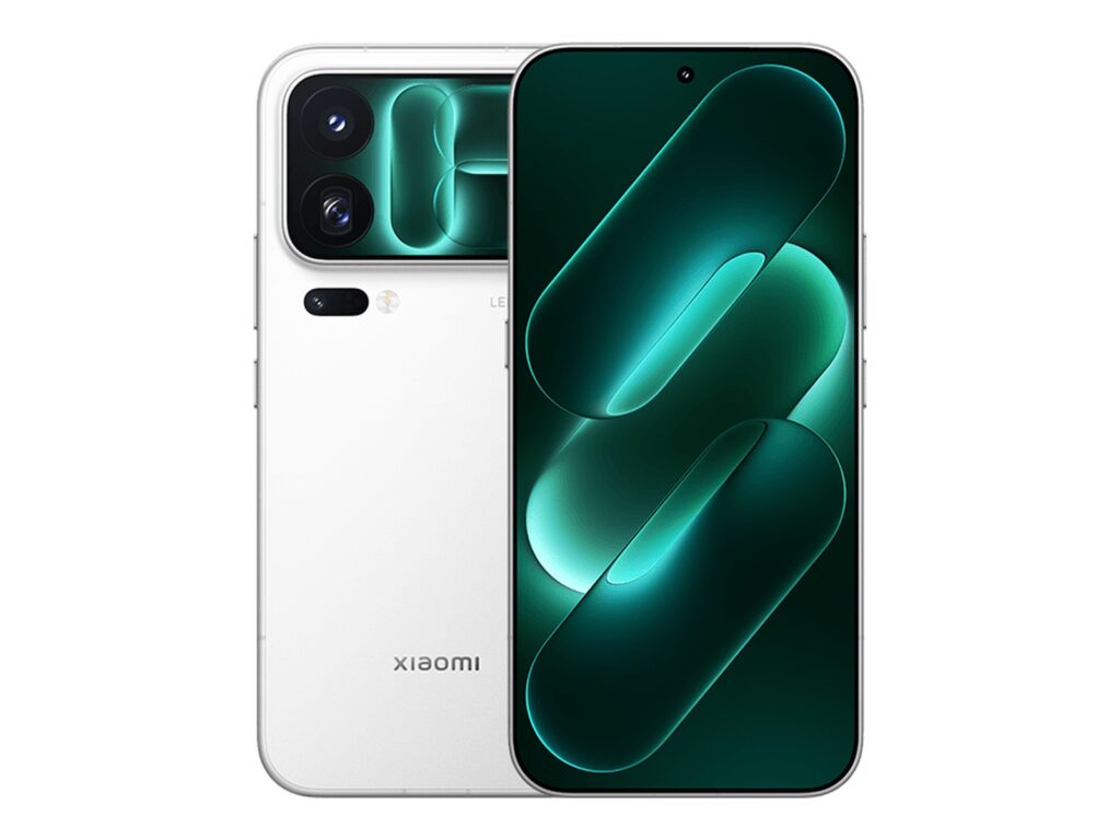 Rendu officiel du Xiaomi 18 Pro blanc, vu de dos avec son module photo Leica et son écran arrière allumé, et de face avec son écran plat