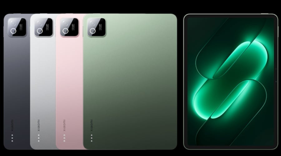 Les quatre coloris de la Xiaomi Pad 9 vus de dos, à côté d’une tablette vue de face écran allumé en vert