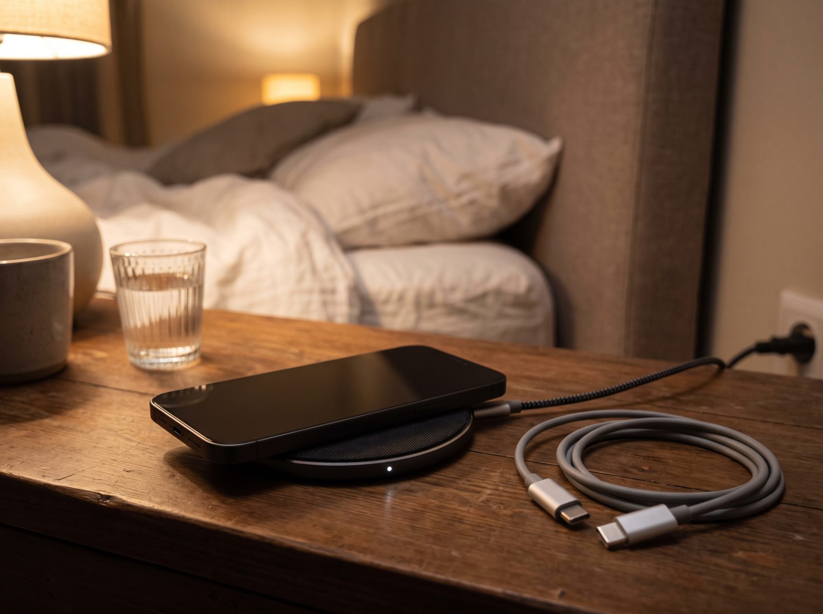 Un smartphone posé sur un socle de charge sans fil