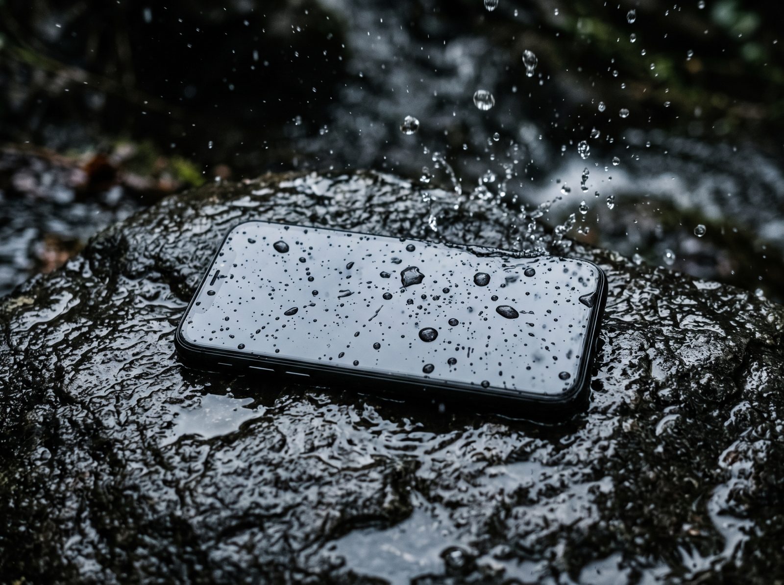 Un smartphone sous des éclaboussures d’eau