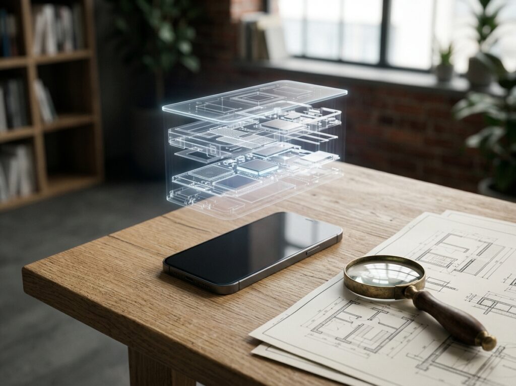 Un smartphone posé sur une table en bois, surmonté d'une vue éclatée en hologramme de ses composants internes, à côté d'une loupe et de plans techniques