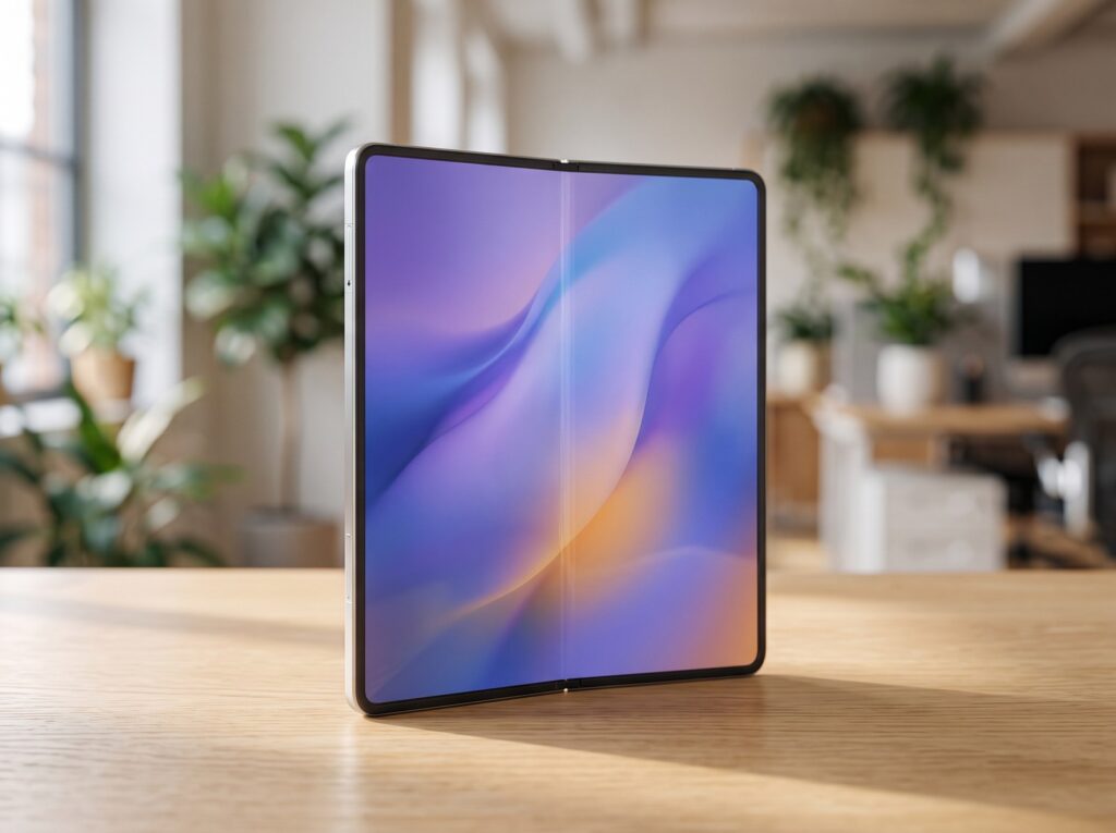 Illustration générée par IA : un smartphone pliant de type livre, déplié et posé debout sur un bureau en chêne, son grand écran intérieur affichant un fond aux dégradés violet, bleu et orangé