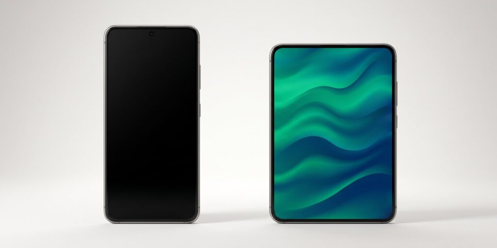 Illustration générée par IA : un smartphone au format 16:9, plus large et plus court, debout à côté d’un smartphone classique plus haut et plus étroit