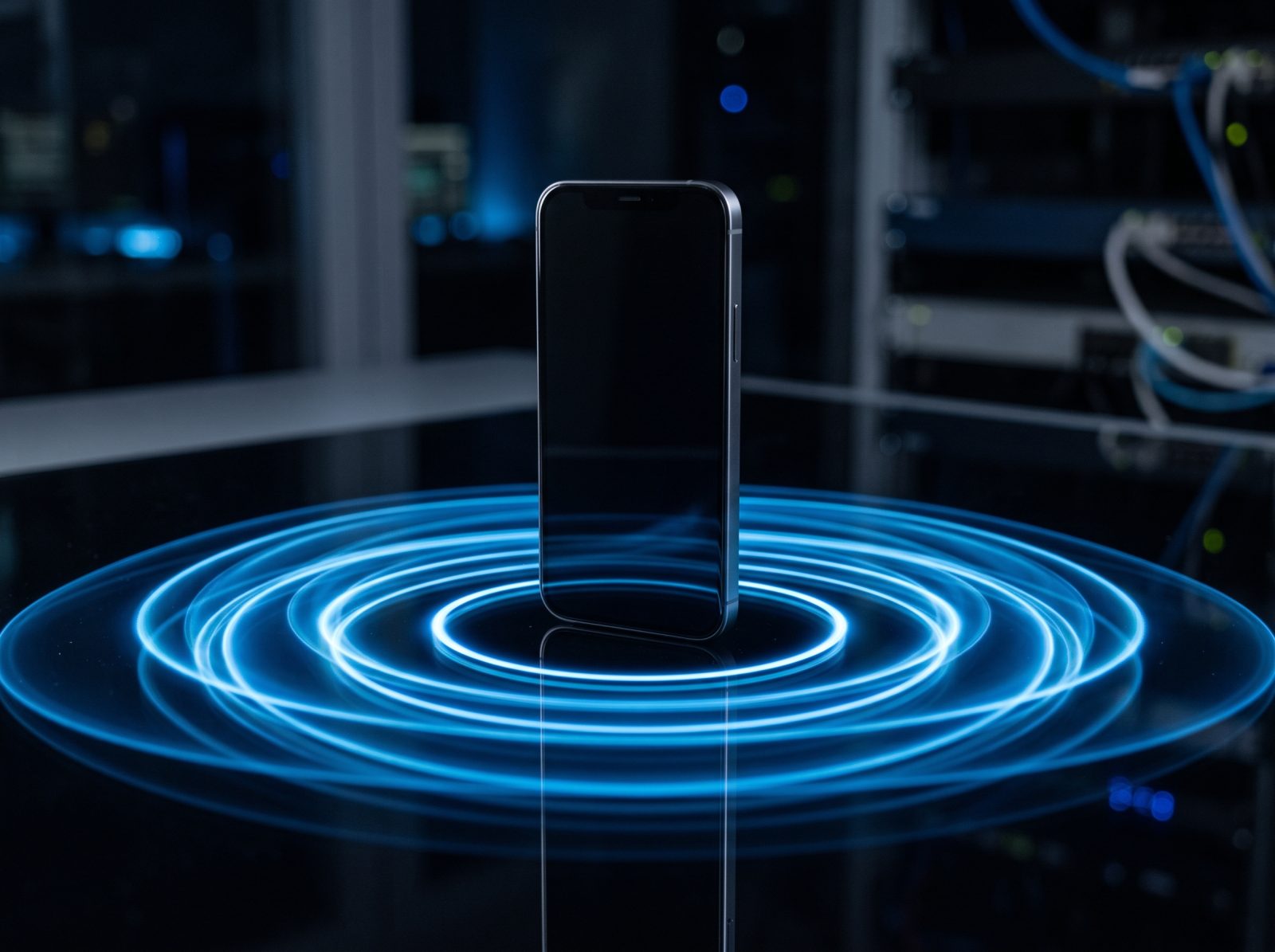 Un smartphone entouré d’ondes lumineuses symbolisant les réseaux sans fil